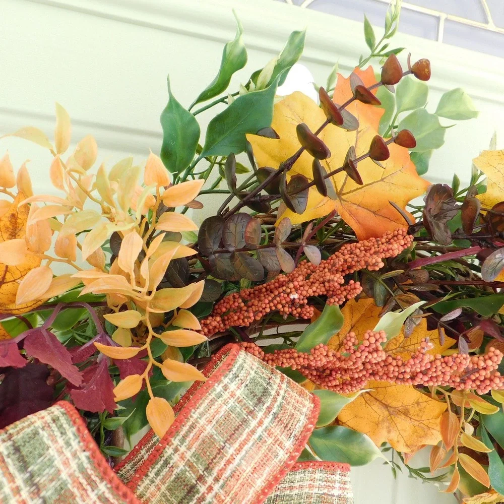Autumn Crescent Wreath with Plaid Bow, Orange Maple Leaves, Vibrant colors